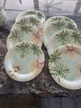 Coastal Palm Tree Melamine Plates and Bowls set of 16 total